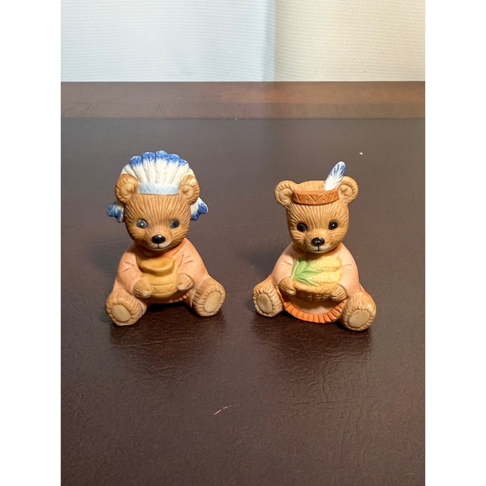 Vintage Homco Porcelain Native American Bear Figurines Set of 2 Brown 5312